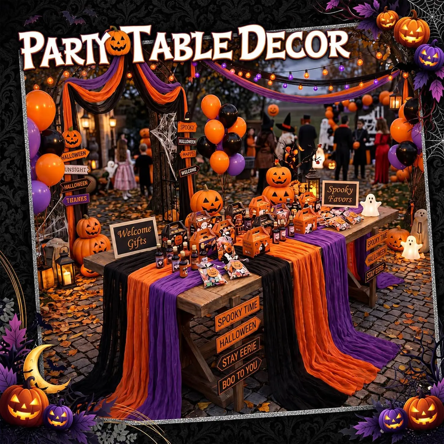 Halloween Table Runner Black Orange Purple Cheesecloth Tablecloth Sheer Gauze Boho Rustic Wedding Table Bridal Shower Party