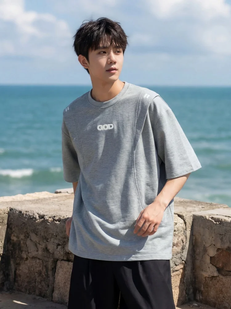 Men's Patchwork Letter Short-Sleeved T-Shirt Contrast-Colour Embroidered Half-Sleeve Top Soft, Versatile and Relaxed Fit