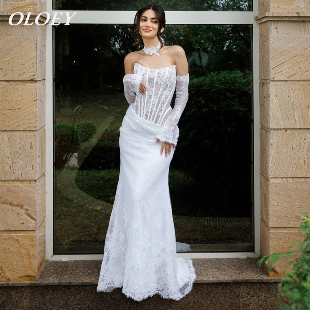 

OLOEY Sexy Lace Mermaid Wedding Dress With Detached Sleeves Illusion Fishbones Scoop Neck Bridal Gown Customized Robe De Mariage