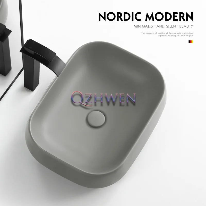 Ceramic Washbasin Oval Countertop Bathroom Sink Hotel Balcony Matte Gray Hand Wash Pool Morden Sample Single Basin with Faucet