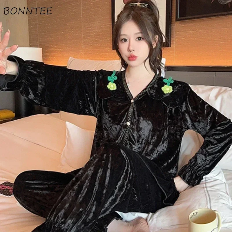 

Black Pajama Sets Women Sleepwear Cozy Flower Design Sweet Casual Soft Home Korean Style Comfortable Daily Autumn Pijama Mujer