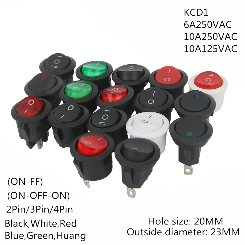 1PCS ON/OFF Round Rocker Switch LED illuminated Car 12V 24V / 6A 250V / 10A 125V 2/3/4PIN Switch 20MM