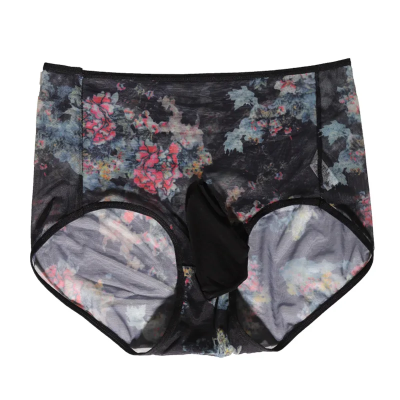 Mens Sissy Panties Mesh Sheer Floral Printed Underwear Bullet Separation Pouch Underpants With JJ Cover See-Through Trunks