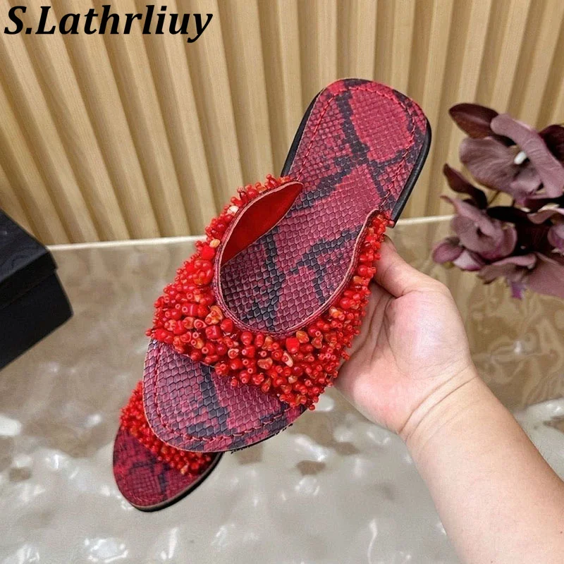 Flat Bottom Slippers Women Real Leather String Bead Decor Lazy Sandals Mujier Ladies Summer Lightweight Leisure Vacation Shoes