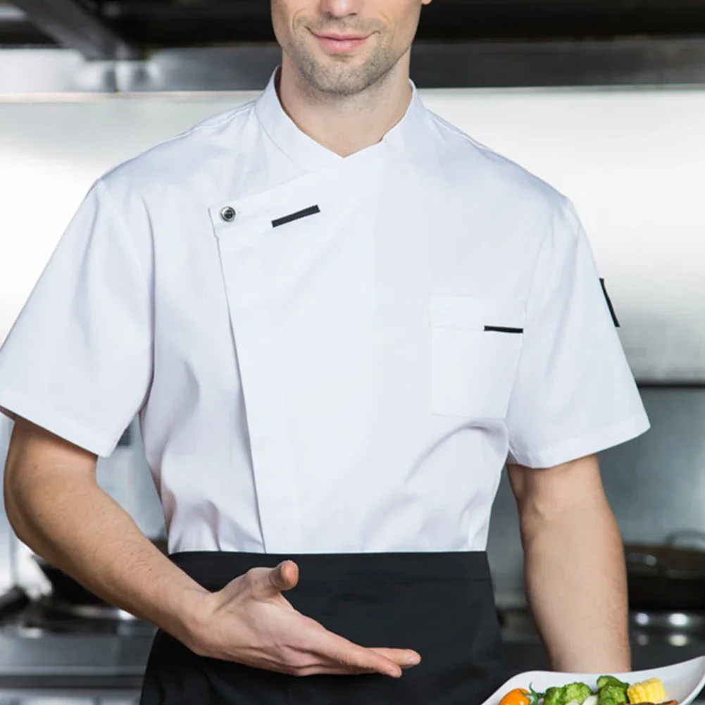 Uniforme de chef trespassado unissex, tops de manga curta para homens, camisa respirável para cozinha, hotel, café, cozinheiro, roupas de trabalho