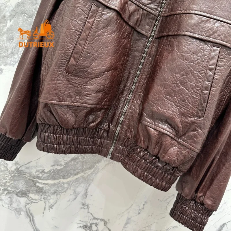 Winter Two-color Optional Waxy Motorcycle Jacket Lapel Mid-length Unisex Style, 100% Genuine Sheepskin Versatile Fashion Coat