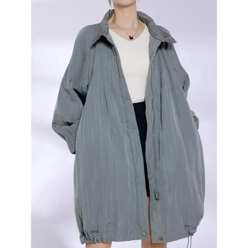 Miyake Pleated Women's Jacket Autumn and Winter New Standing Collar Zipper Burst Cotton Jacket Drawstring Gargle Top