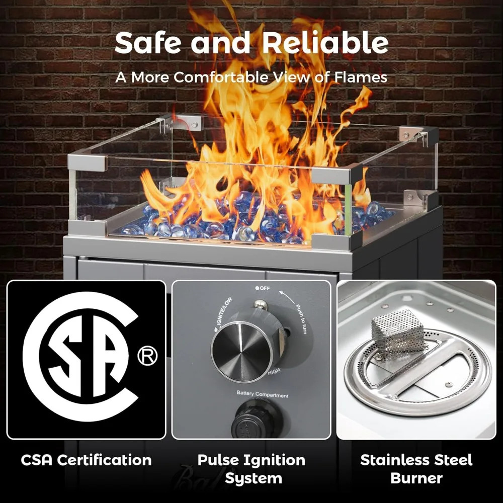 15 Inch Outdoor Propane Fire Pit with Glass Wind Guard, Square Patio Fireplace featuring Fire Glass Stones and Wind-Resistant De
