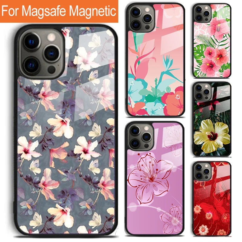 Butterflies Hibiscus Flowers Phone Case For iPhone 16 15 14 13 12 11 Pro Max Plus Magsafe Magnetic Wireless Charging Cover