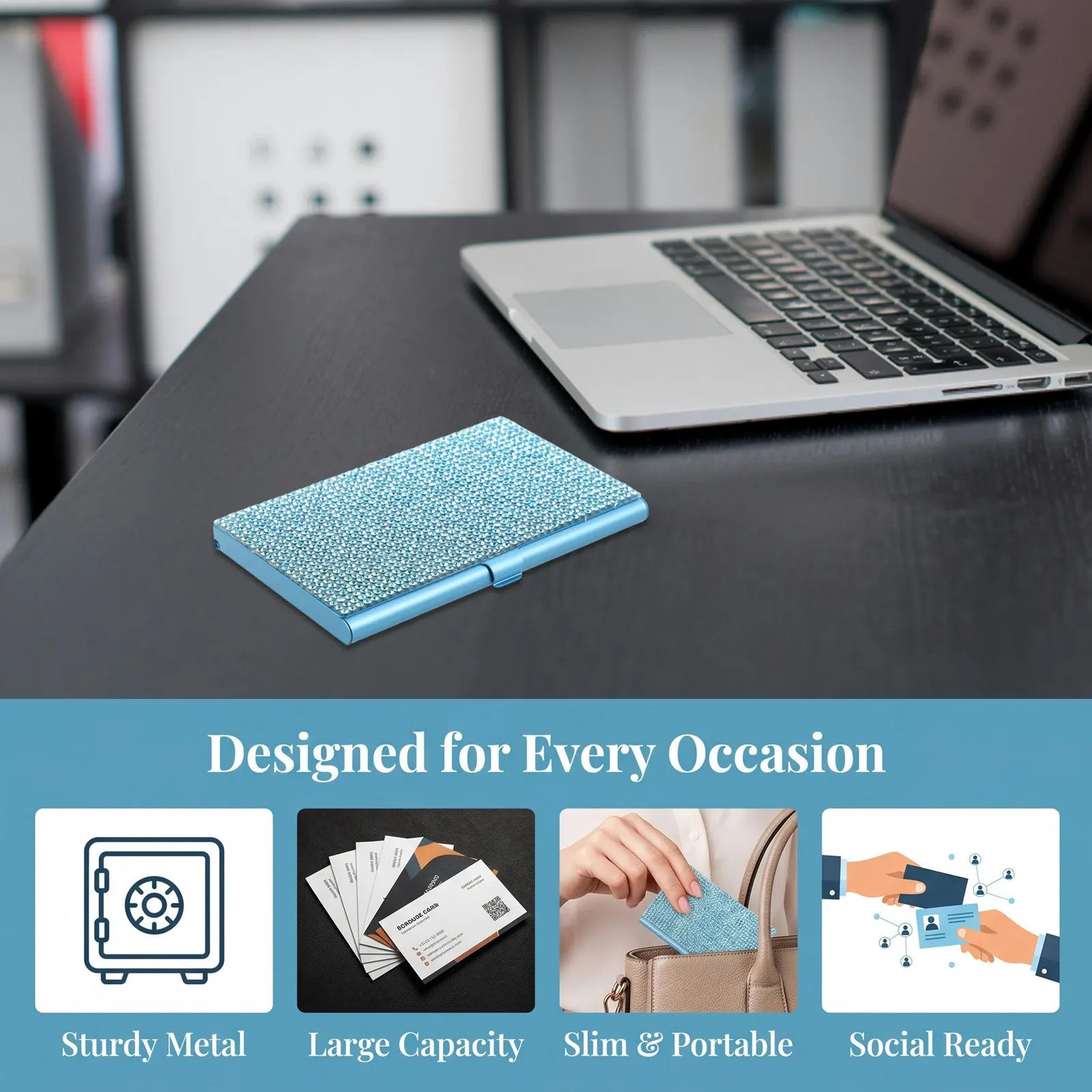 Metal Business Card Holder Organizer For Travel Card Holder Office Worker Rhinestone Women Exhibition