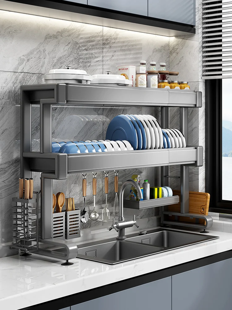 

Gun ash kitchen sink storage rack multifunctional dishwashing rack sink dish tray storage drain telescopic rack