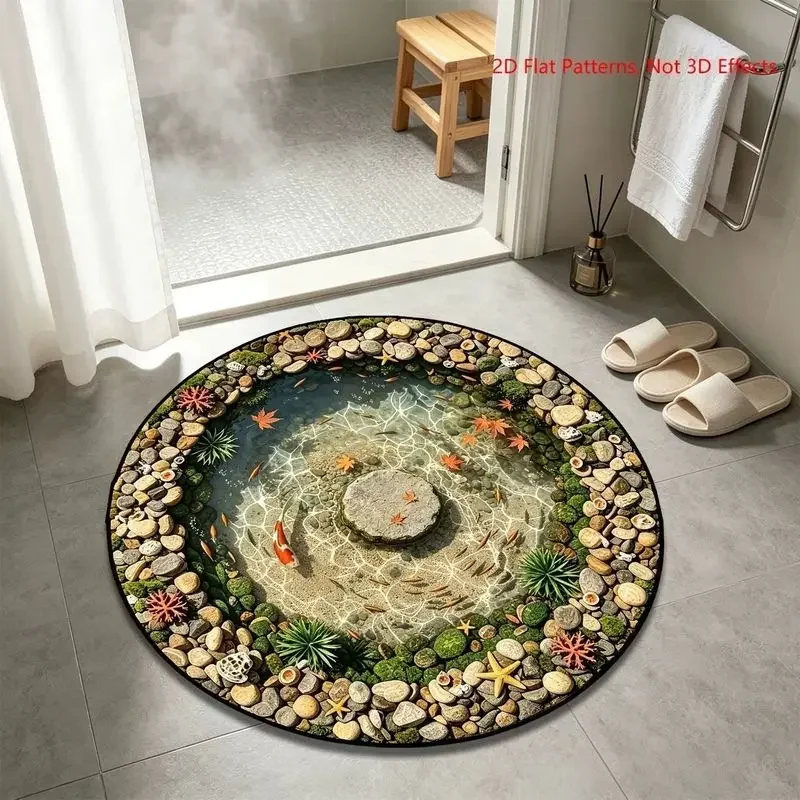 VIKAMA Meditation Koi Carp Water Lily Stone Round Rug Japanese Garden Bath Mat Grip Backed Space Decor Accent Soft Durable Cozy