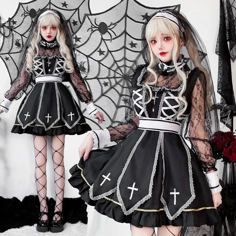 Halloween Costume Cross Nun  Vampire Dark Goth Ghost Dress Carnival Performance Costume Waist Cinching Dress