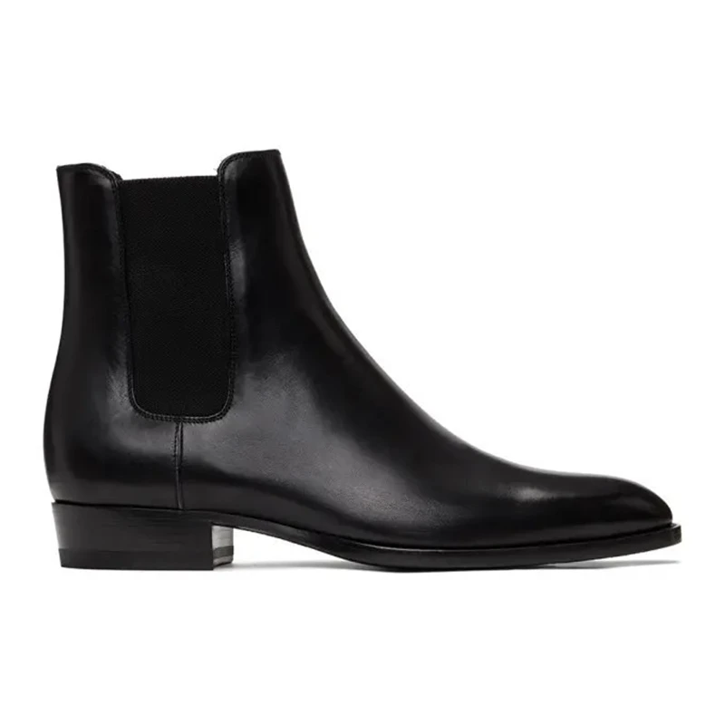 New Black Chelsea Boots for Men Low Heels Band Shoes Square Toe Slip-On Business Men Ankle Boots Genuine Leather Botas De Hombre