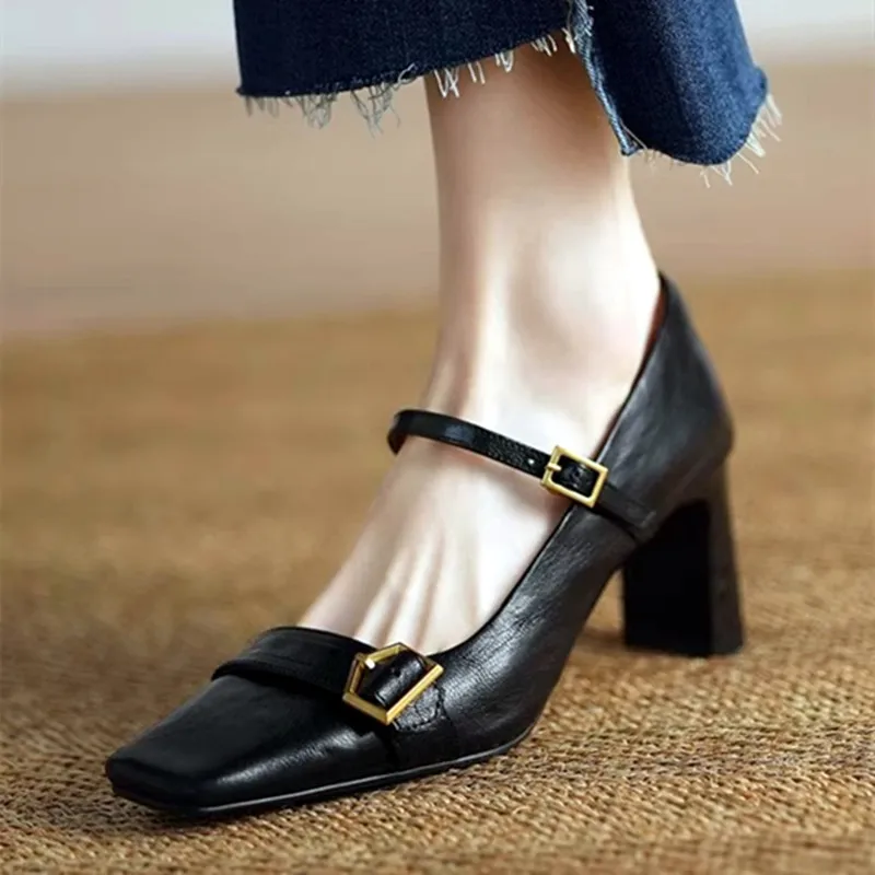 

Туфли Мэри Джейн с металлической пряжкой, женские удобные кожаные туфли на высоком каблуке, элегантные женские туфли-лодочки на массивном каблуке, Zapatos De Mujer
