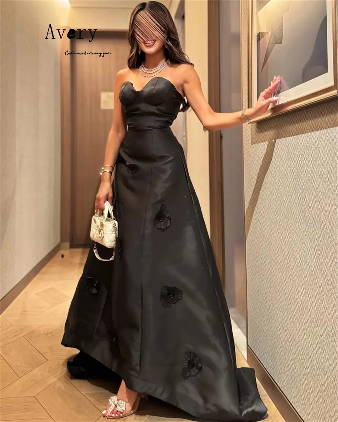 Avery personalizado negro cariño fuera del hombro flor elegante vestidos de cóctel 2025 mujer vestido de noche de lujo vestido de fiesta lujoso