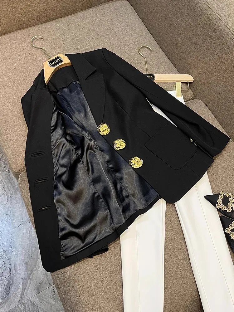 Black Coat Designed Buttons Lady Office Single-breasted Notched Long Sleeve Fashion Slim Fit Women Blazer