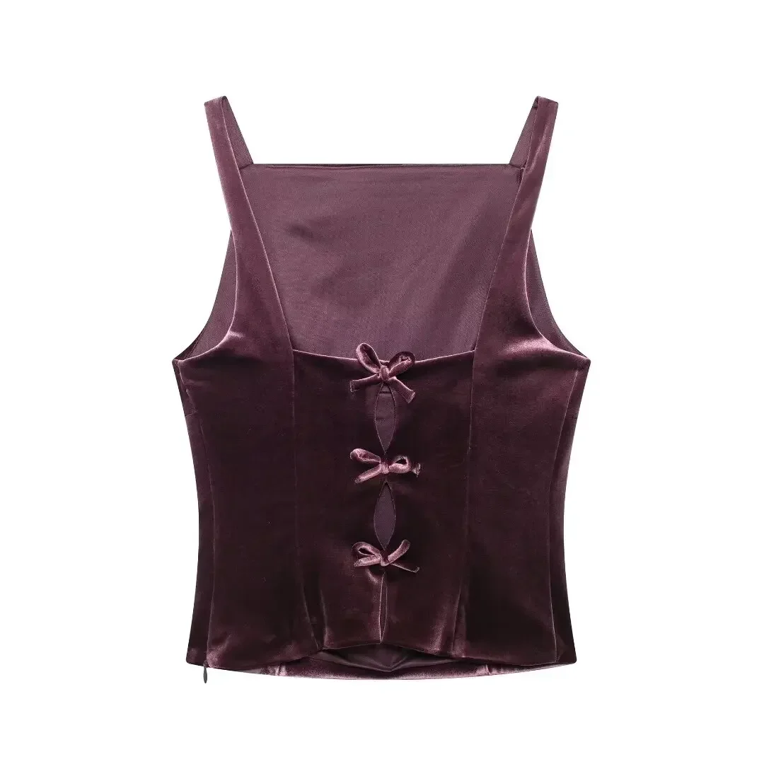 Women's 2024 new fashion back bow decoration slim short pleated top retro sleeveless side zipper women's vest chic top