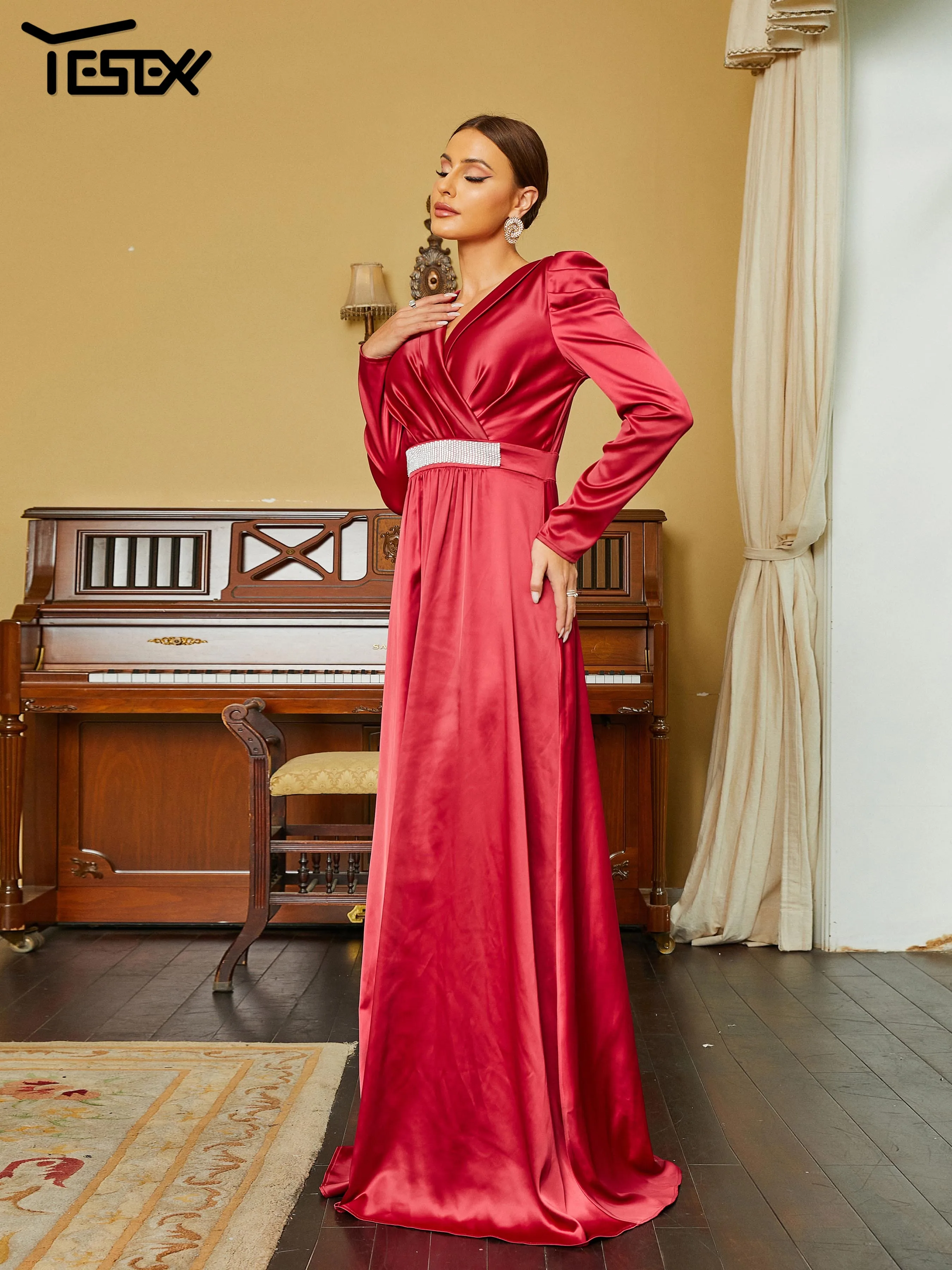 Yesexy-Robe de soirée élégante pour femme, col en V, manches longues, ligne A, robe de Rh, bordeaux, nouveau, 2023