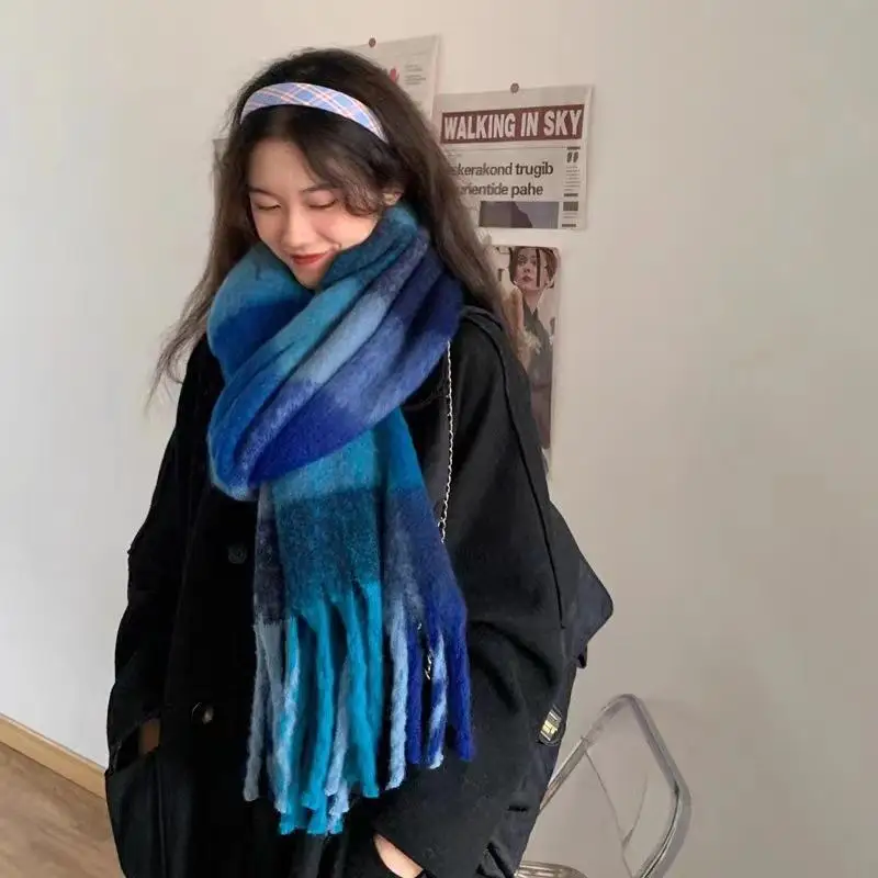 

Радужный цветной шарф из искусственного кашемира, длинный вязаный шарф для женщин, девочек, студентов, клетчатый глушитель, теплая толстая женская накидка