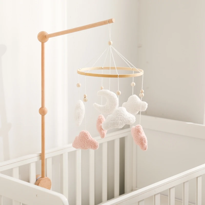 Mobile de dessin animé rose nuageux pour bébé, décor CPull, berceau, hochet en bois, cloche de lit, bras mobile CPull, jouets pour bébé de 0 à 12 mois