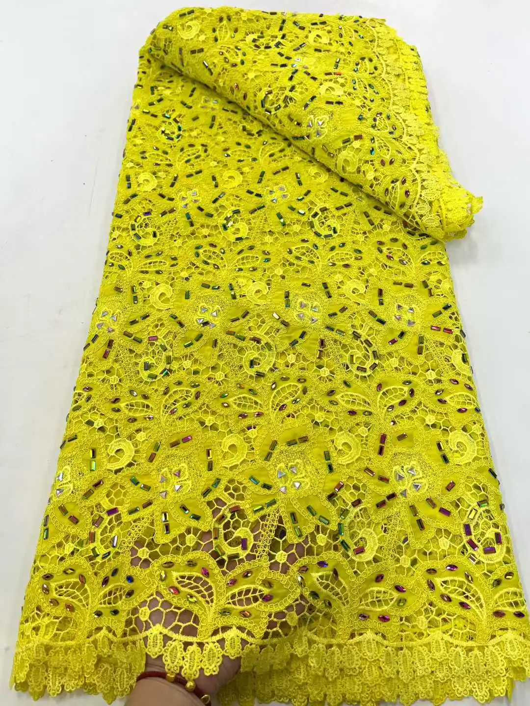 

5yards 2025 African Cotton Lace Fabric with Stones Hot Selling Nigerian Swiss Voile Lace Fabric for Sewing Wedding Dresses