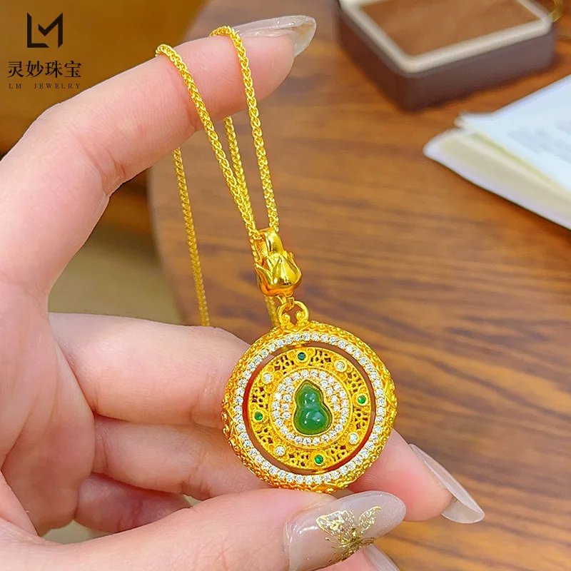 

Роскошные ювелирные изделия из настоящего золота 9999 24 карата в горошек с бриллиантовой нитью, пряжка мира, тыква, компас, кулон, ожерелье, вращающийся полый кулон