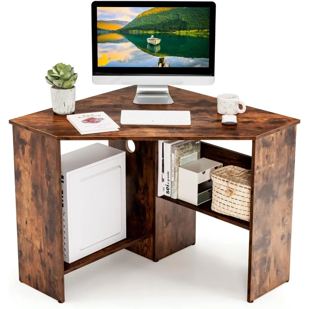 Corner Computer Desk, Space-Saving Triangular Writing Desk w/ 2 Storage Shelves & 2 Cable Holes, Multi-Functional Console Table