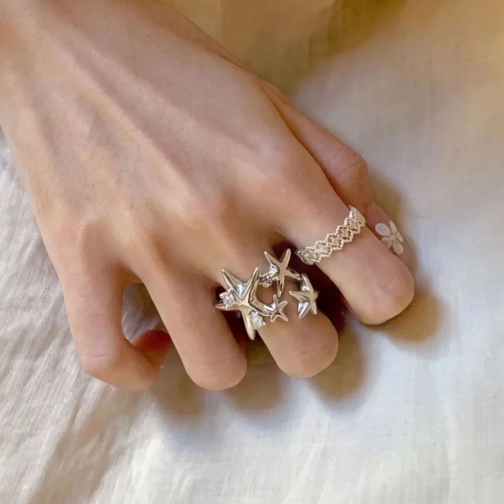PANJBJ 925 Sterling Silver Star Zircon Ring for Women Irregular Design Versatile Fashion Trend Punk Jewelry Party Gift Dropship