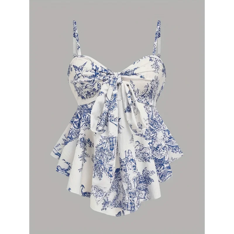 

Summer Vintage Elegant and White Bow Front Strap Top, Suitable Vacation, Commuting, and Daily