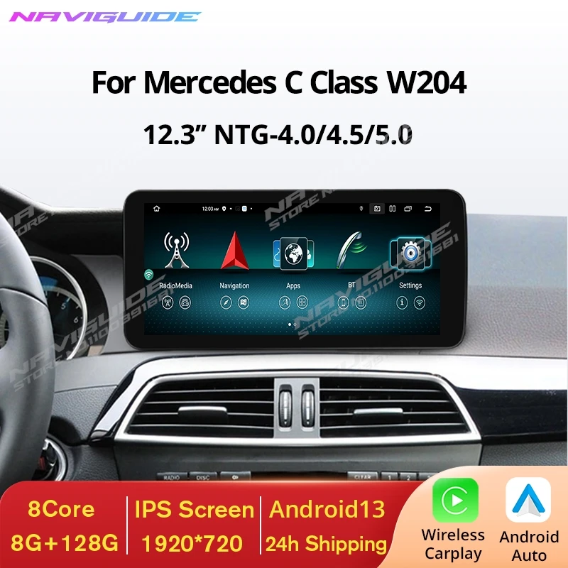 NAVIGUIDE 12.3'' For Mercedes C Class W204 W205 LHD Wireless Carplay Auto Multimedia Player GPS Navi Headunit Stereo Android 13