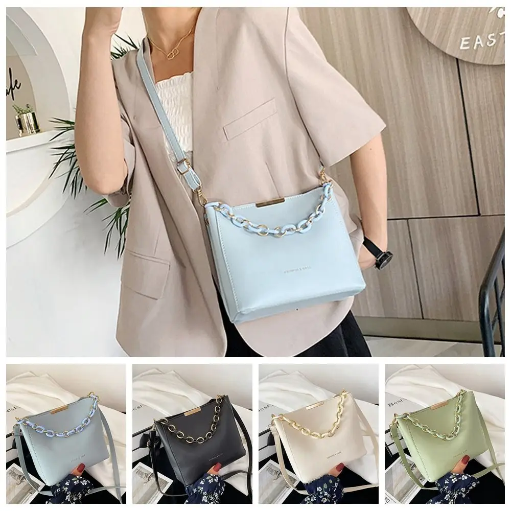 

Simple Pu Leather Shoulder Bag with Chain Handbag Korean Style Letter Bucket Bag Portable Crossbody Bag Travel