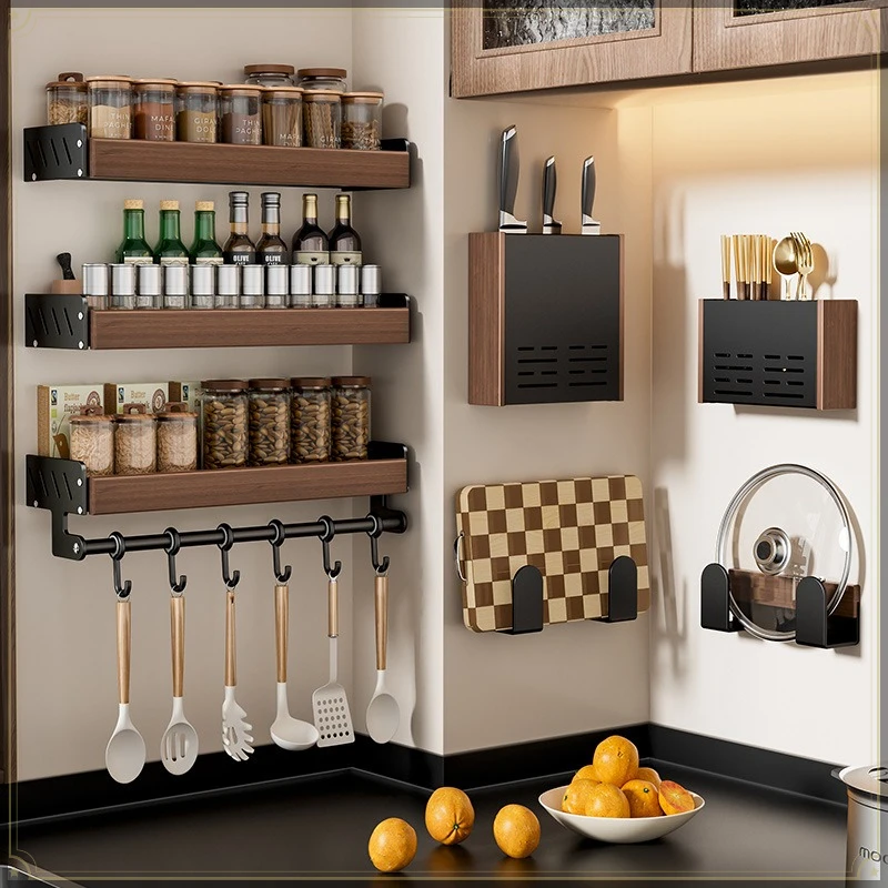 Walnut Wood Spice Rack Punch Free Wall Mounted Strong Load Bearing Multifunctional Kitchen Condiment Storage Organizer Rack