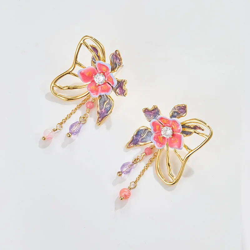 

Russia Style Retro High End Design Butterfly Half Wing Hand Painted Enamel Pink Flower Stud Earrings Glass Chain Tassel Earrings