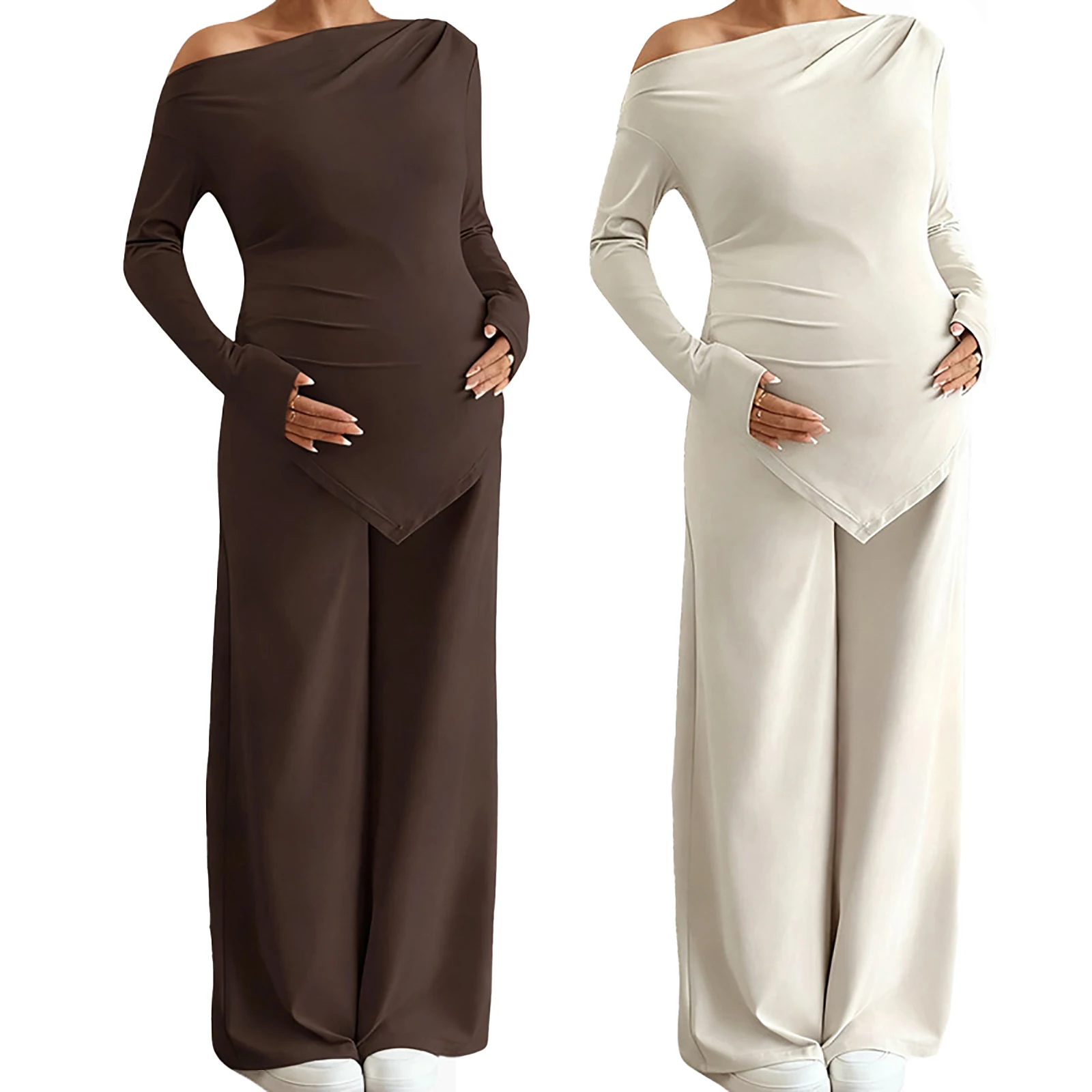 妊婦用カジュアル衣装非対称裾トップス、調節可能なウエスト付きストレートレッグパンツ、日常着、オフィスワーク、ショッピングに最適