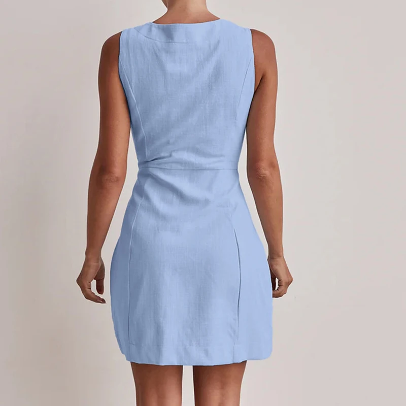 Nuovi abiti da canotta in cotone blu Primavera Donna Abito corto senza maniche monopetto estivo Mini abito casual dritto a vita alta