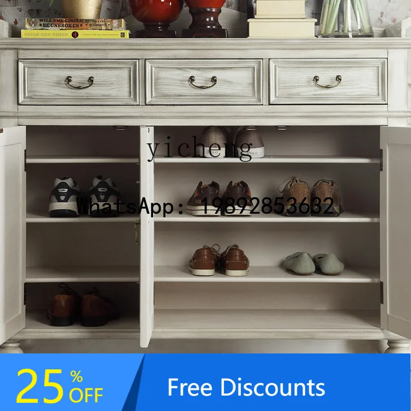 retro shoe cabinet Mediterranean foyer cabinet, living room solid wood door storage complete entrance cabinet