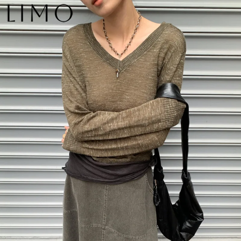 

LIMO Women’s Linen Knit V-Neck Blouse Spring Summer 2025 Casual Comfortable Elegant Simple Stylish High Quality Versatile Top