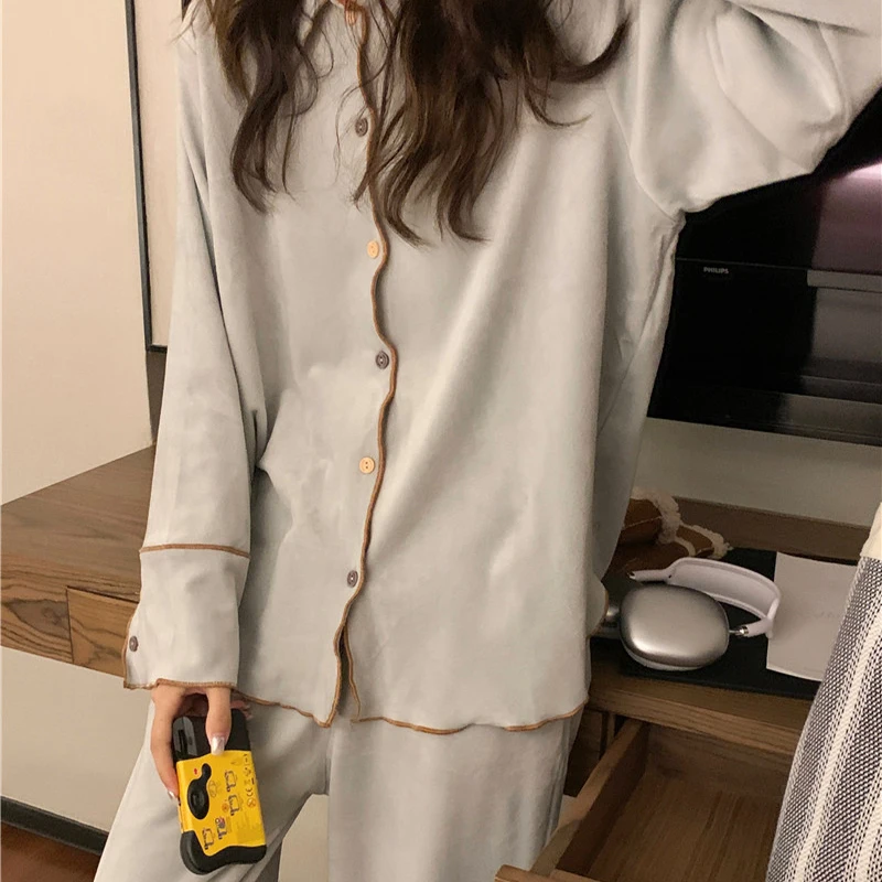 New Autumn Long Sleeve and Pants Women\'s Pajama Set Simple Mesh Design Can Be Worn Outside the Homewear Comfortable and Soft