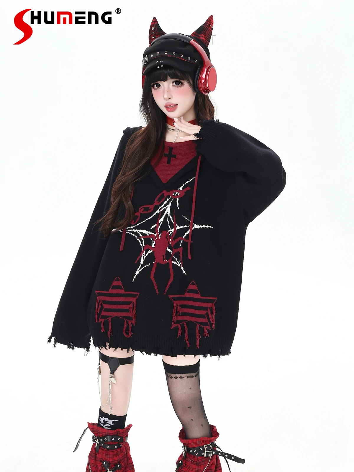 

Original Japanese Subculture Sweet Cool Girl Y2K Knitwear Tops Loose Casual Hooded Knitted Pullovers Sweaters for Women Autumn