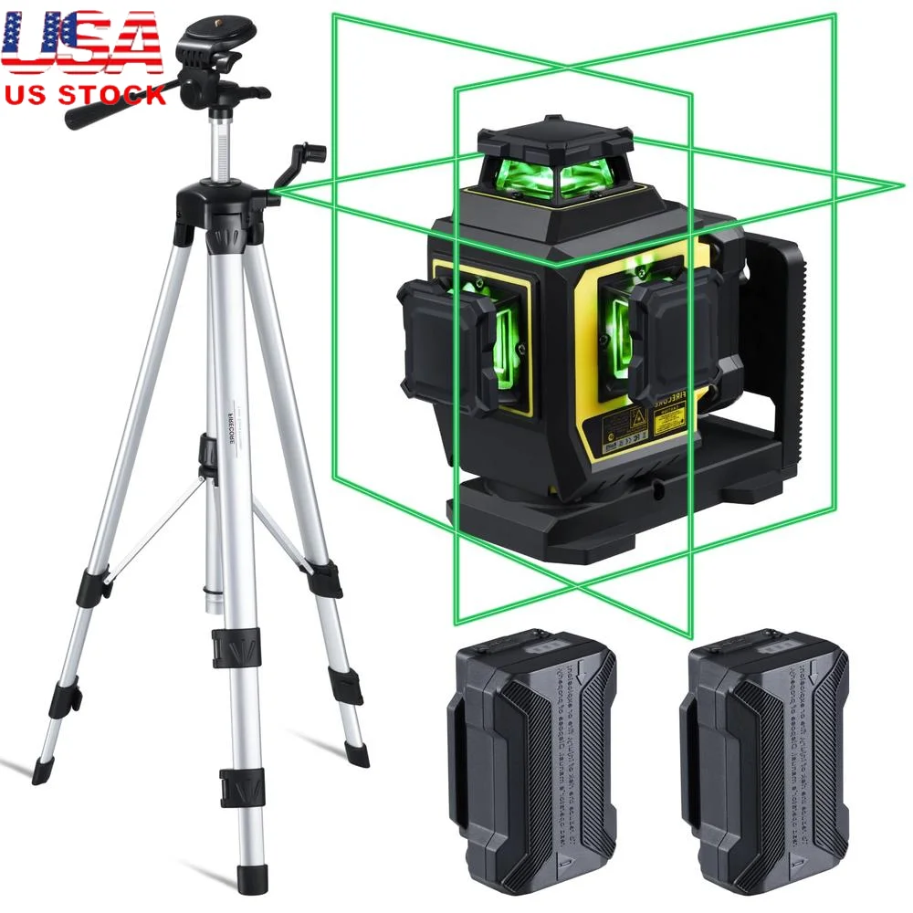 360 Green Beam Cross Line Laser Level with Tripod 3X360 Self Leveling 3 Gear Brightness Adjustment 9H Run Time IP54 Water/Dust