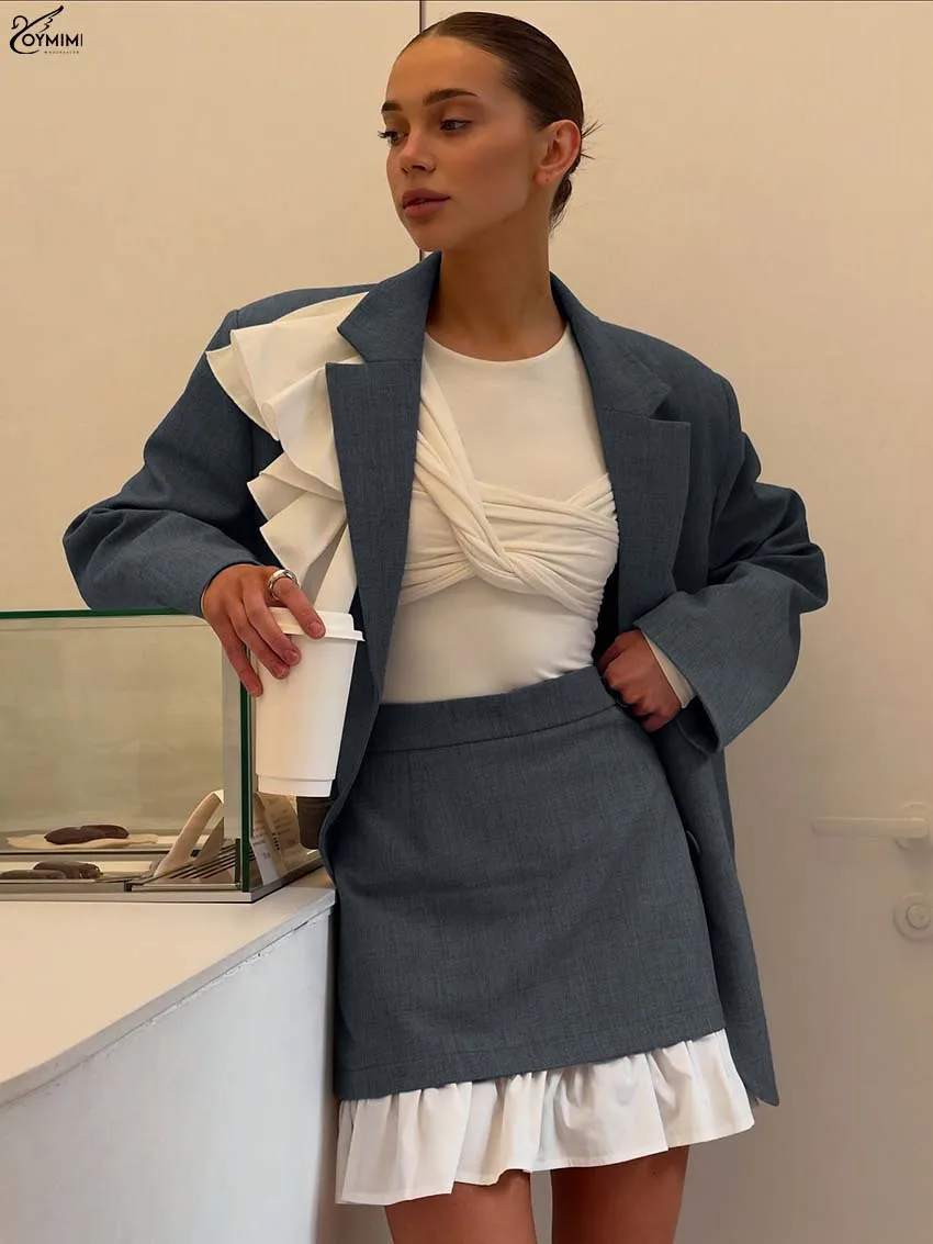 

Oymimi Fashion Grey Patchwork Women's Two Pieces Set Elegant Long Sleeve Ruffled Button Blazers And High Waist Mini Skirts Sets