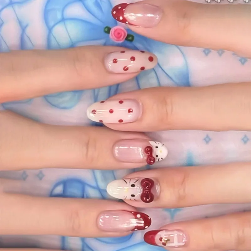 

24PCS Sweet Red Polka Dots French False Nails with Glue Cute Cartoon Cat 3D Bowknot Designs Press on Nails Almond Fake Nails Set