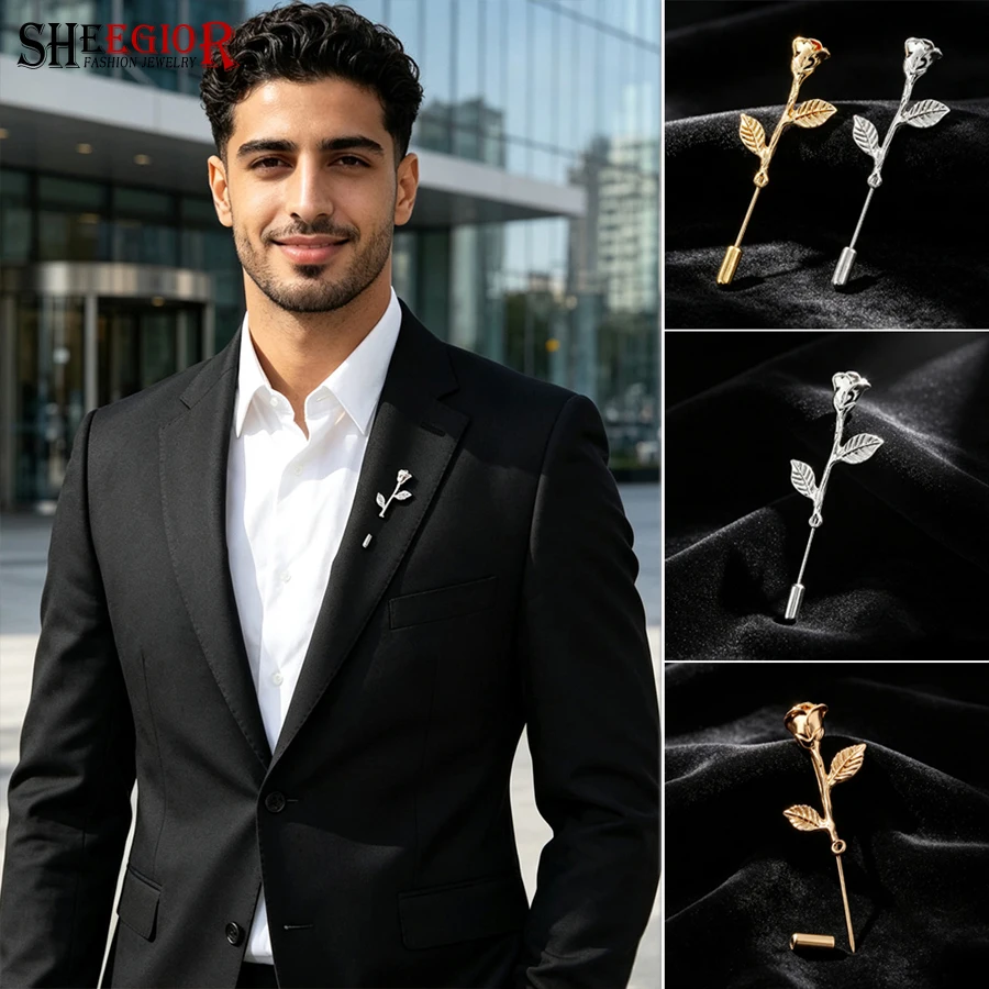 Simple Metal Rose Flower Long Brooch Pins Decoration Accessories Cardigan Clothes Tie Hats Pin Clip Brooches Women Men Ornaments