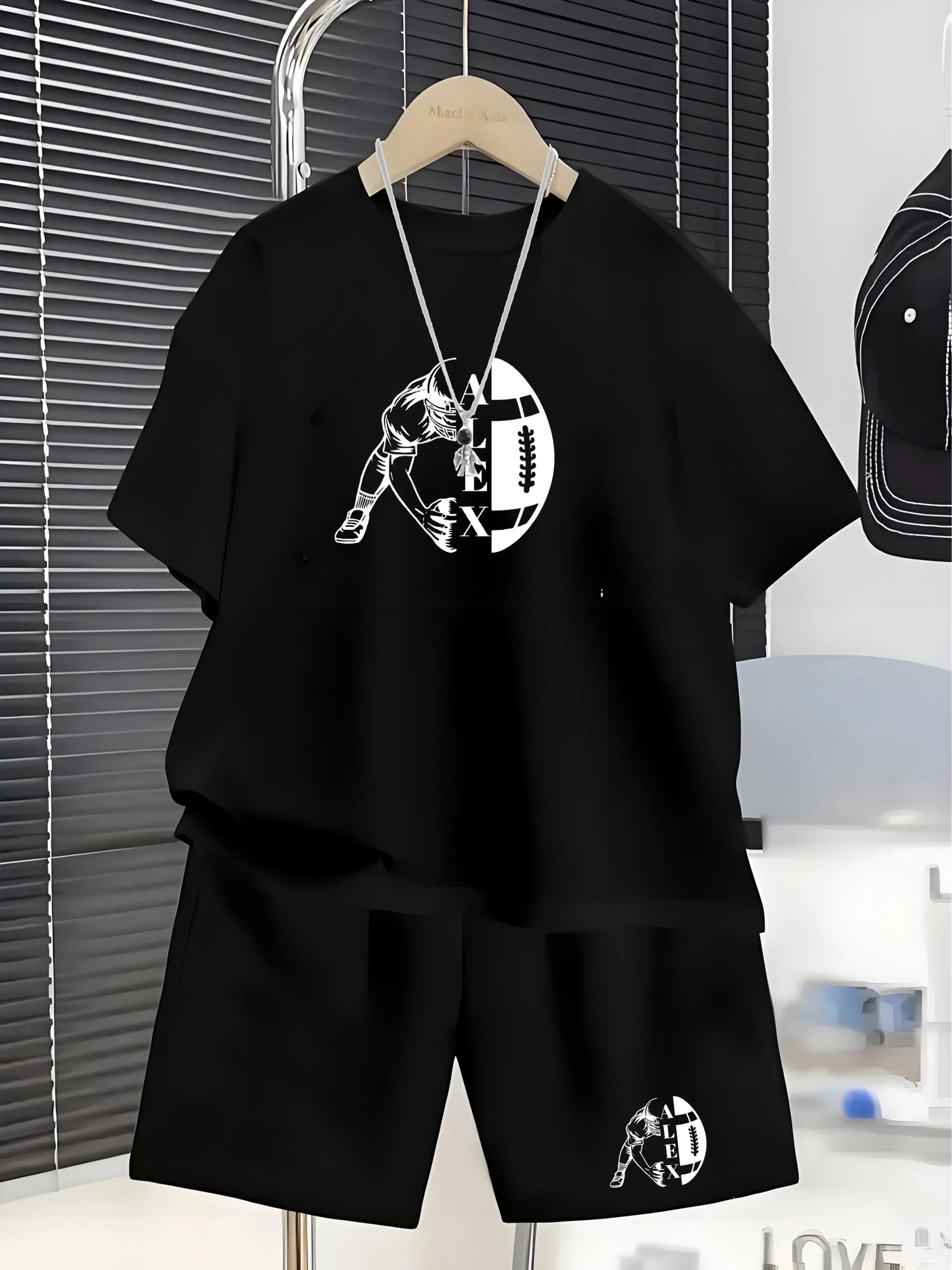 Boy's Casual Suit Cool American Football ALEX Print Short Sleeve T-shirt Shorts Two Piece Sports Children's Wear