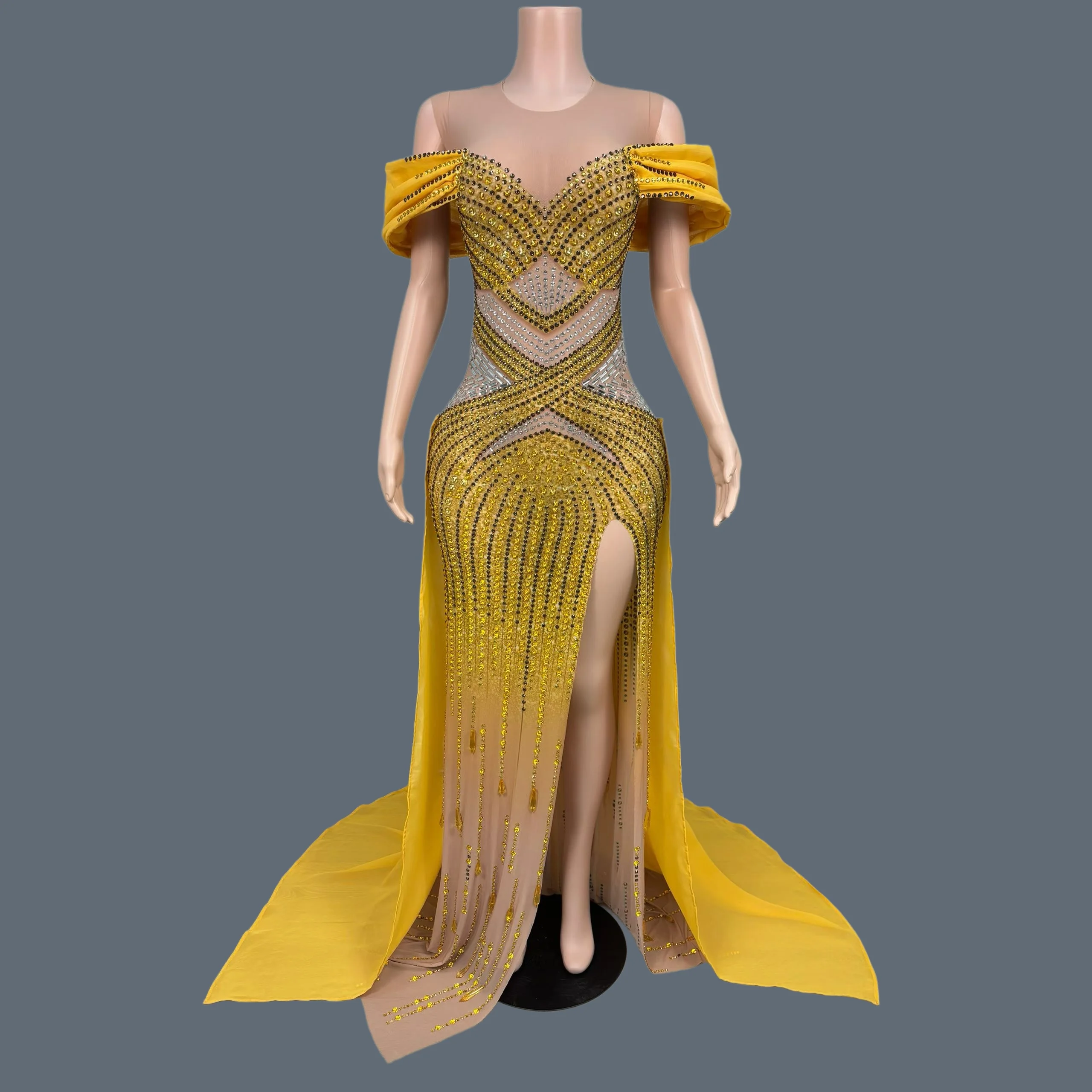 

Luxury Women Formal Floor-length Dress Sparkly Crystals Pearls Evening Gown Birthday Celebrate Party Photo Shoot Wear Yinxing