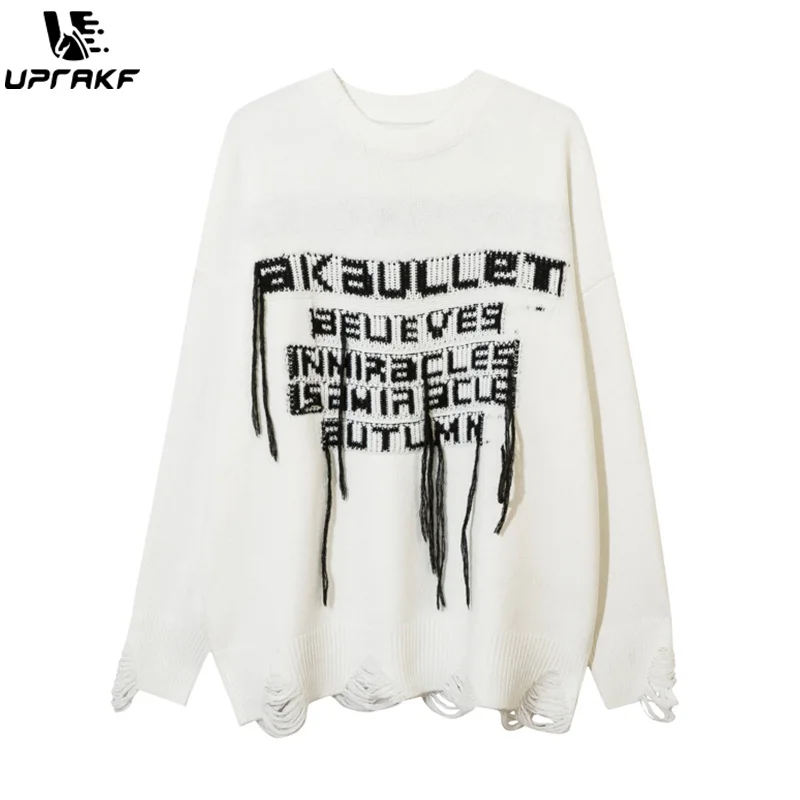 Camisola rasgada com letras UPRAKF, jumper de malha solta, streetwear casual, pulôver quente, streetwear elegante, outono e inverno