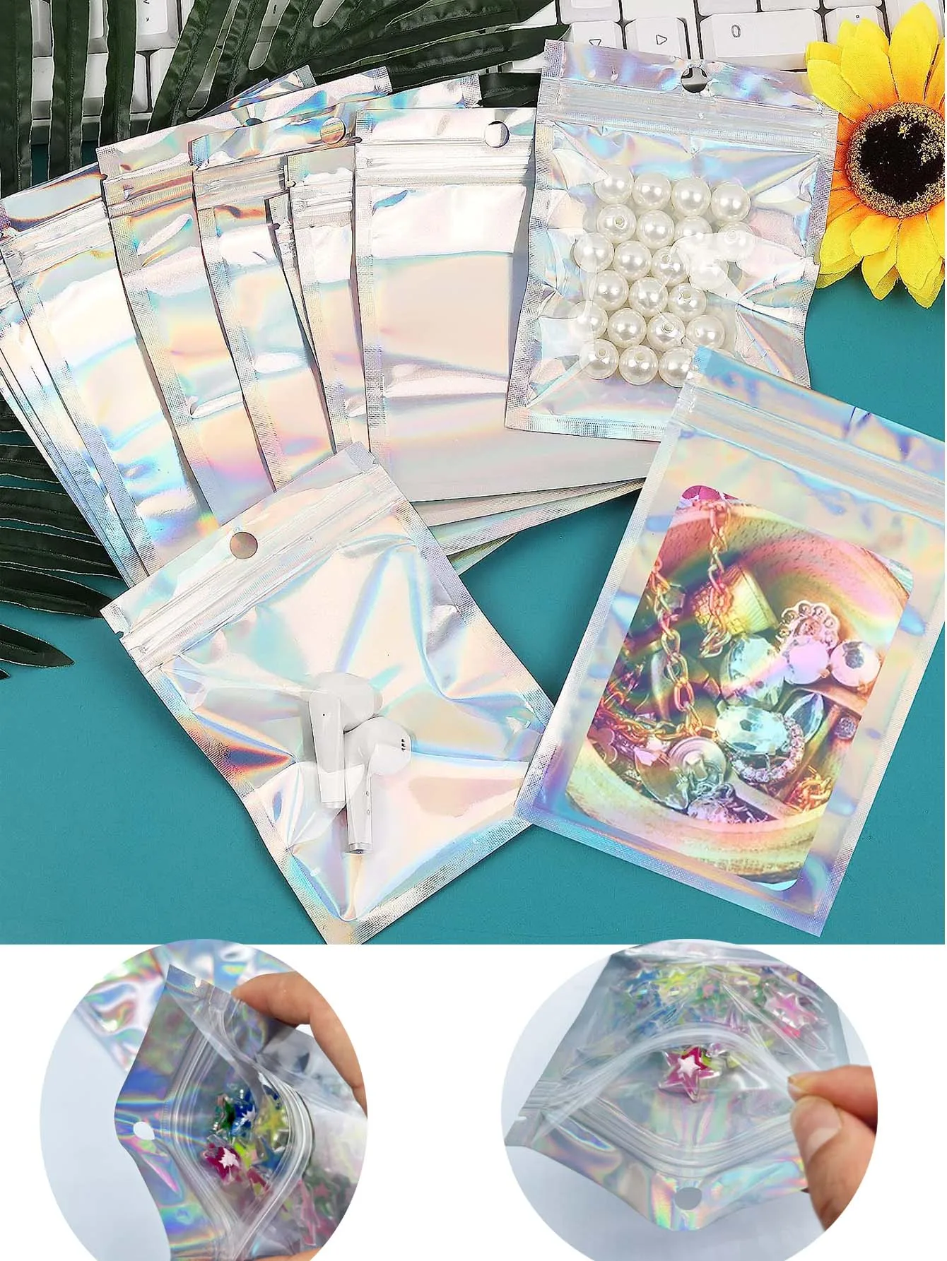 10ps Mylar Bags Silver Resealable Earrings Ring Jewelry Storage Holographic Aluminum Foil Hermetic Packaging, food storage