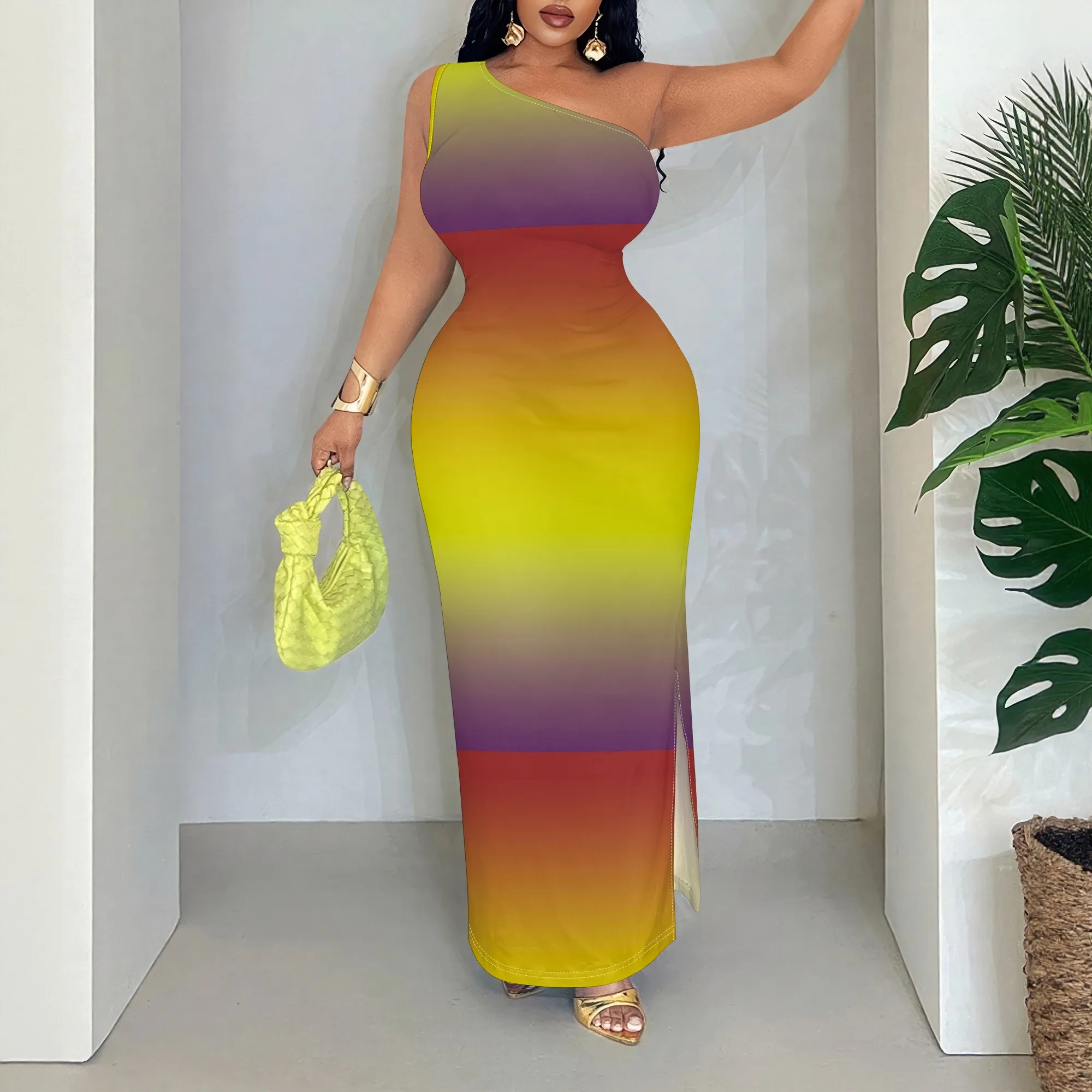 

Gradient Print, One Shoulder Dress, Sleeveless Maxi Gown, Colorful Bodycon, Summer Party Wear, S-2XL
