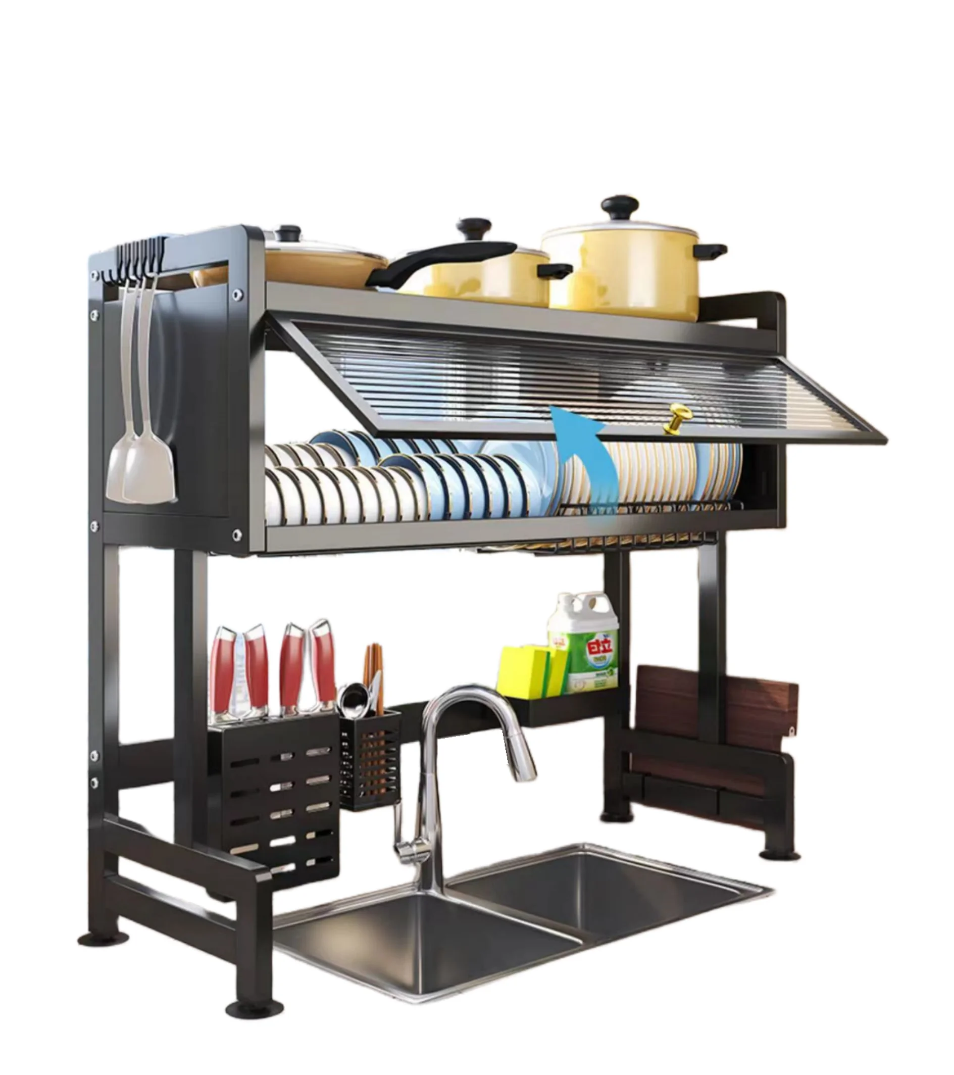 85CM Best Price Combination Use Kitchen Storage Double Layer Household Storage Holder Dish Drying Rack With Door Suitable Used